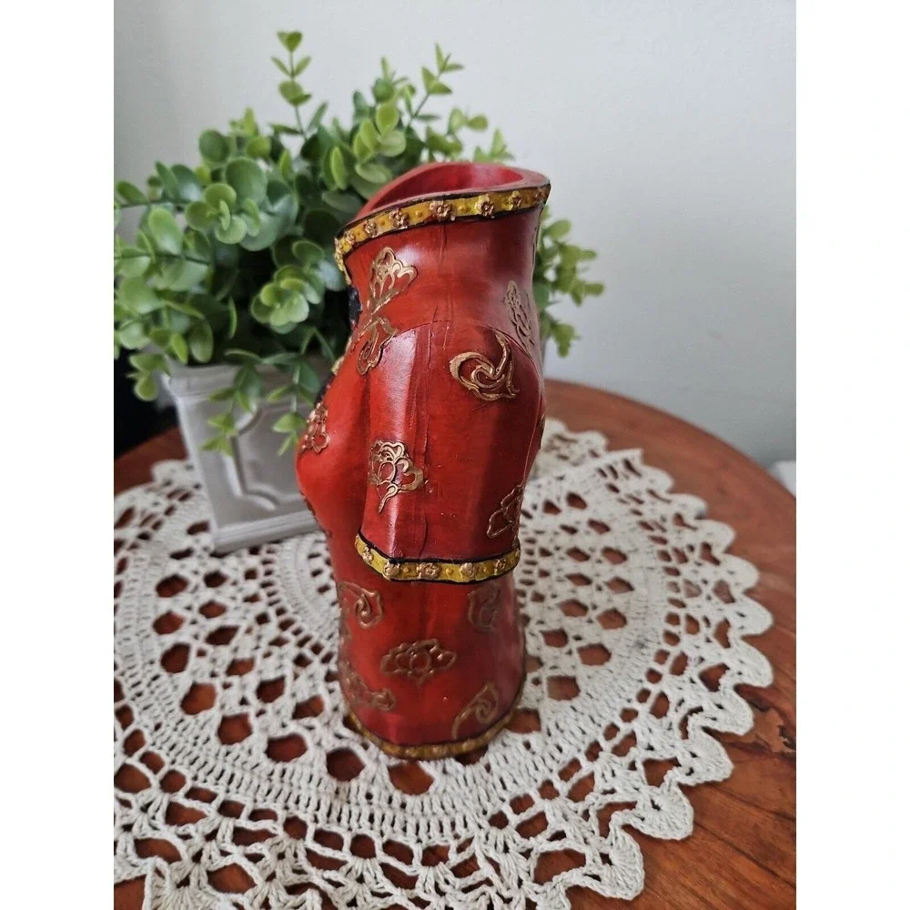 Red Chinese‎ Cheongsam Qipao Dress Torso Resin Vase Floral Gold Relief 8x6in
